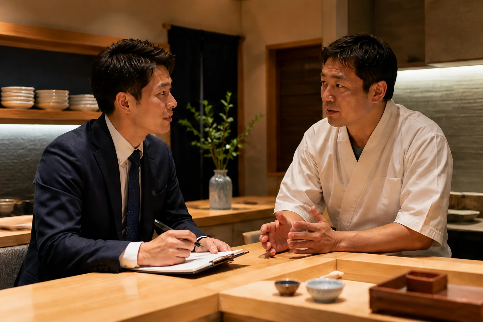 寿司店の店主と打ち合わせる様子