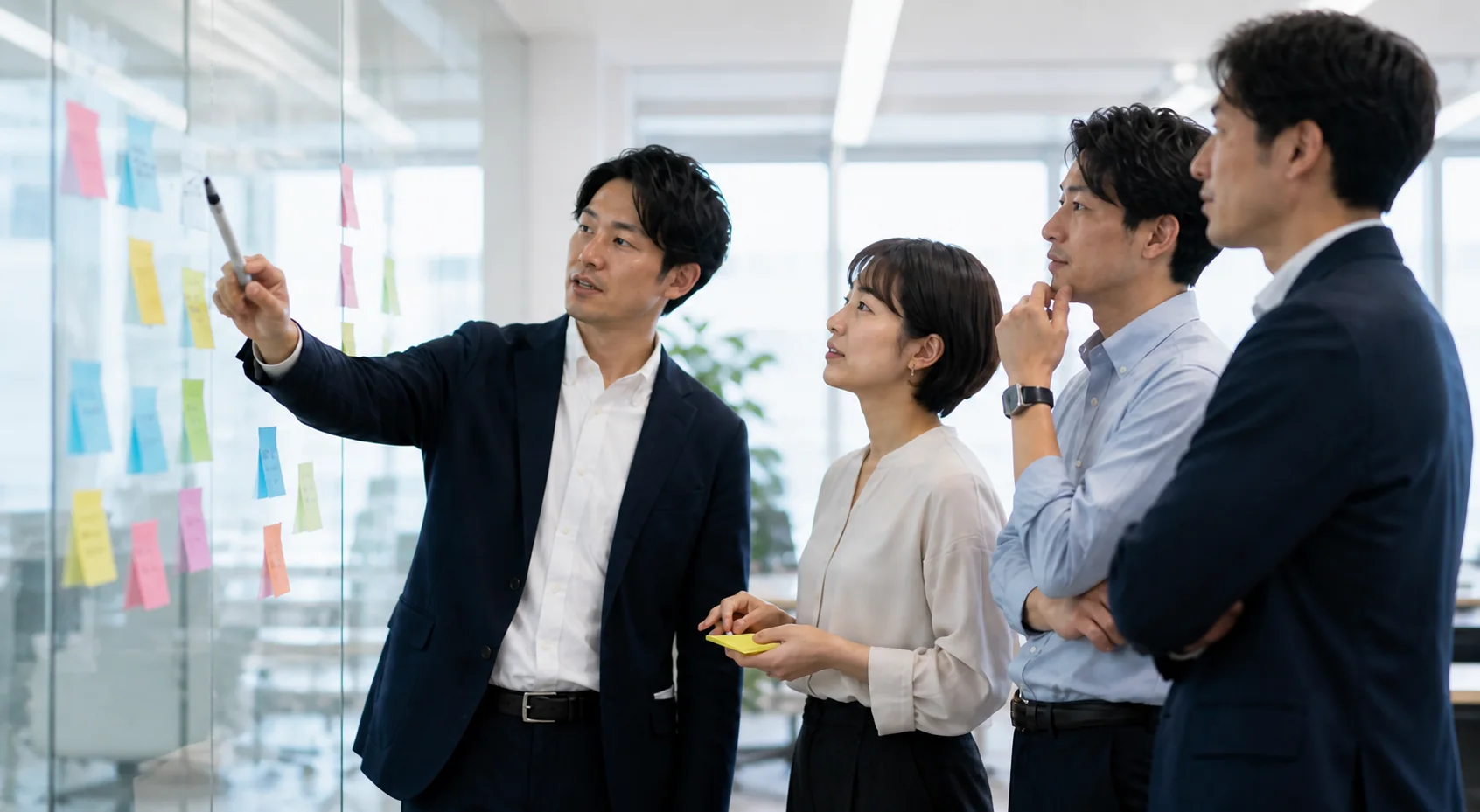 ガラスボードを使って戦略を検討する様子